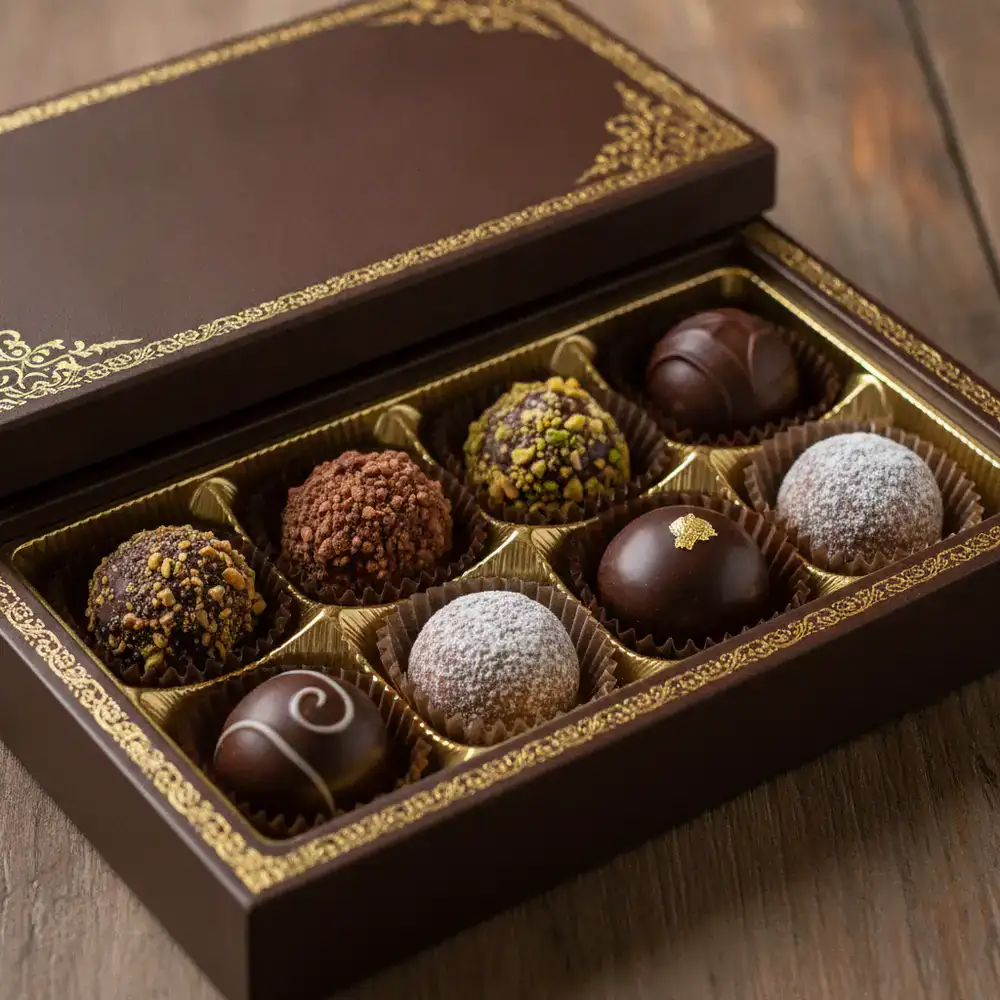 Gold-trimmed box of assorted gourmet truffles