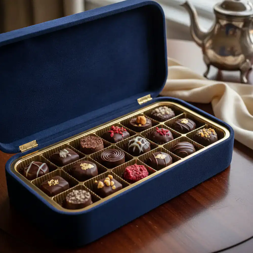 Elegant velvet box filled with artisan chocolates