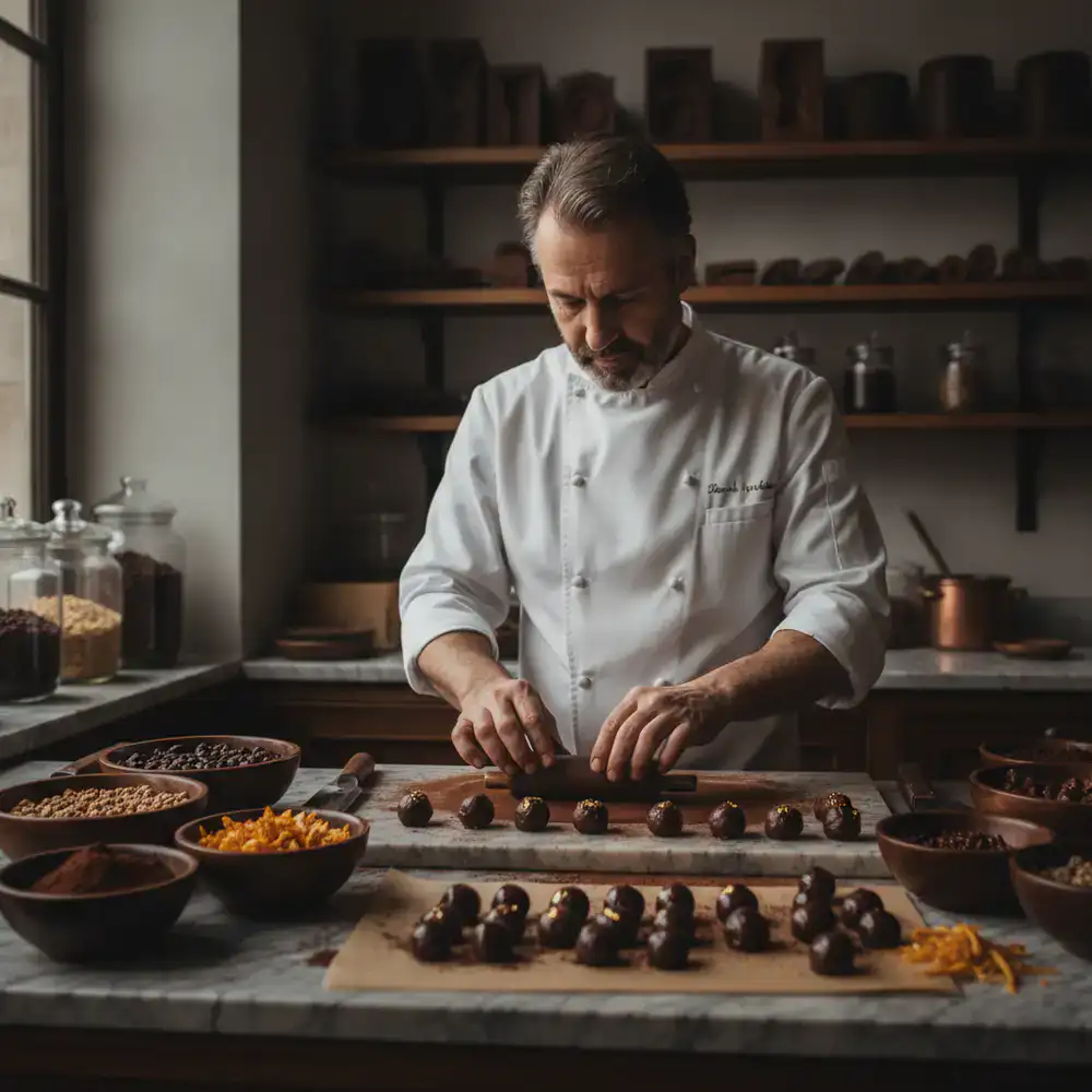 Master chocolatier preparing premium truffles