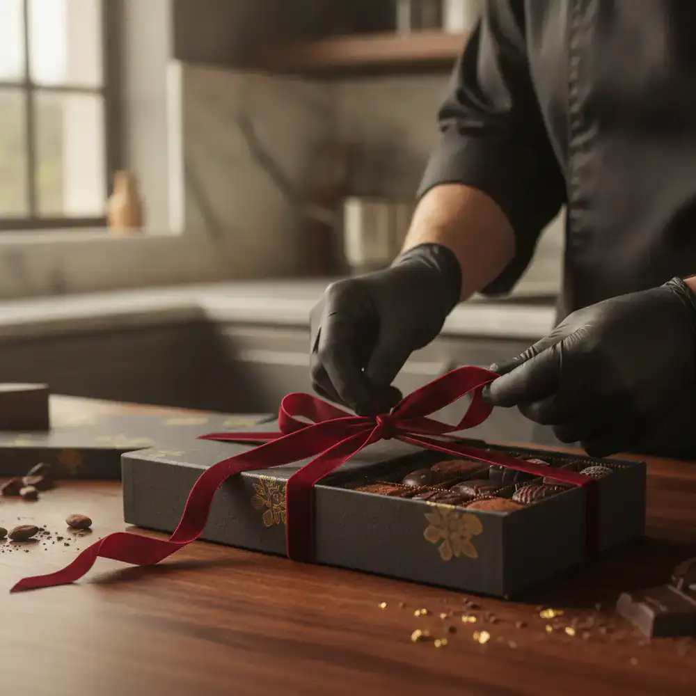 Ribbon-tied luxury chocolate box being prepared